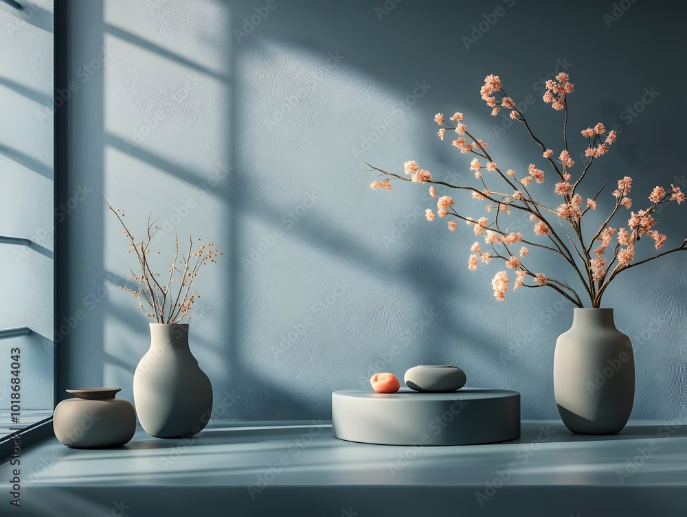 Poster Minimalist 3D studio scene with midnight blue background and clean empty space featuring a product display podium  Directional window lighting casts a shadow on the countertop creating a natural