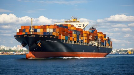 Fototapeta premium A massive merchant navy cargo ship maneuvering into port, signaling the arrival of goods from around the world.
