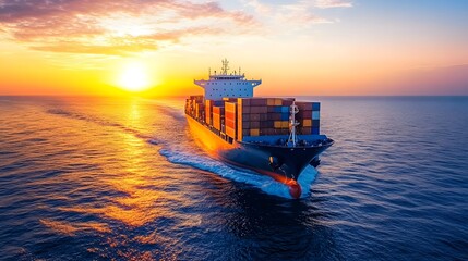 Merchant navy vessel crossing calm seas, transporting essential goods under a serene sunset.