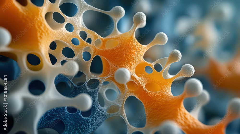 Poster close up view of intricate cellular structures showcasing vibrant orange and white colors, highlight