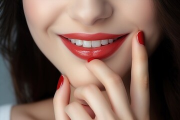 Fototapeta premium Beautiful smiling young model with red lips close up. Perfect skin makeup. Natural beauty