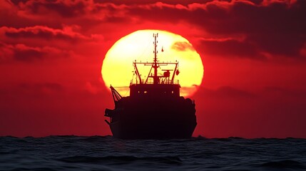 Fototapeta premium A merchant navy cargo ship approaching international waters, silhouetted against the setting sun, with its load of goods.