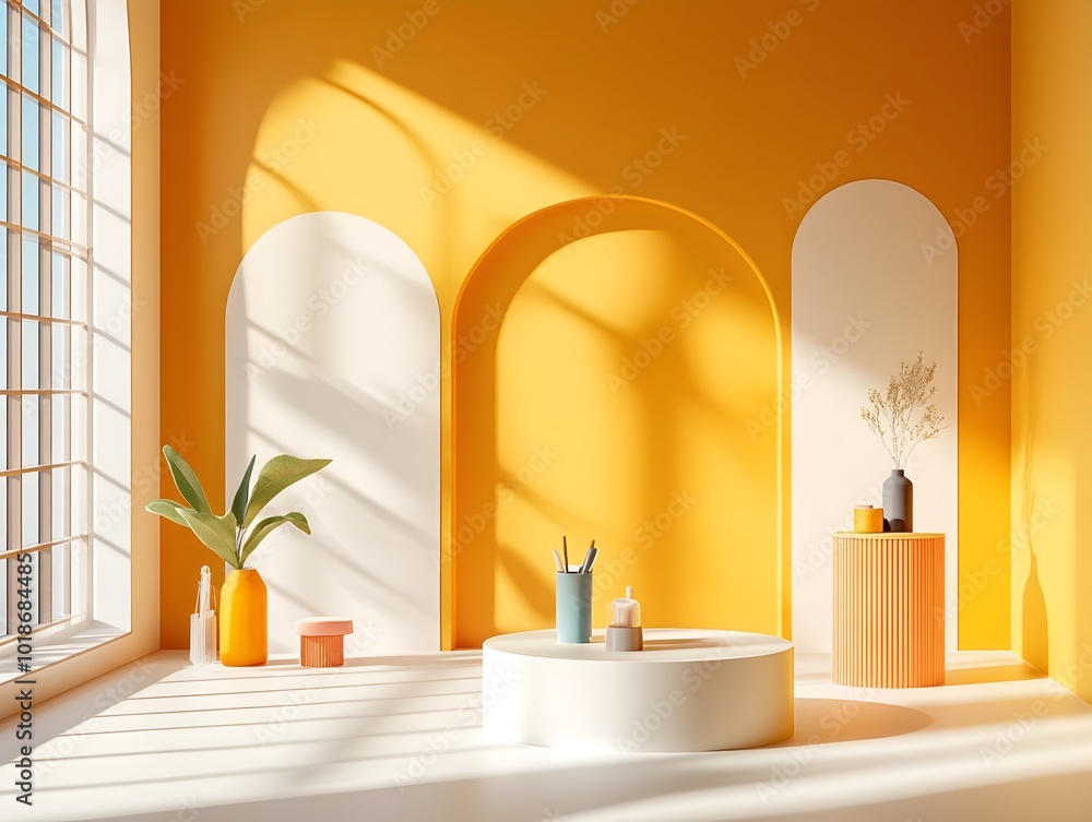 Poster minimalist 3d studio setting featuring a goldenrod toned backdrop an empty space with a display podi