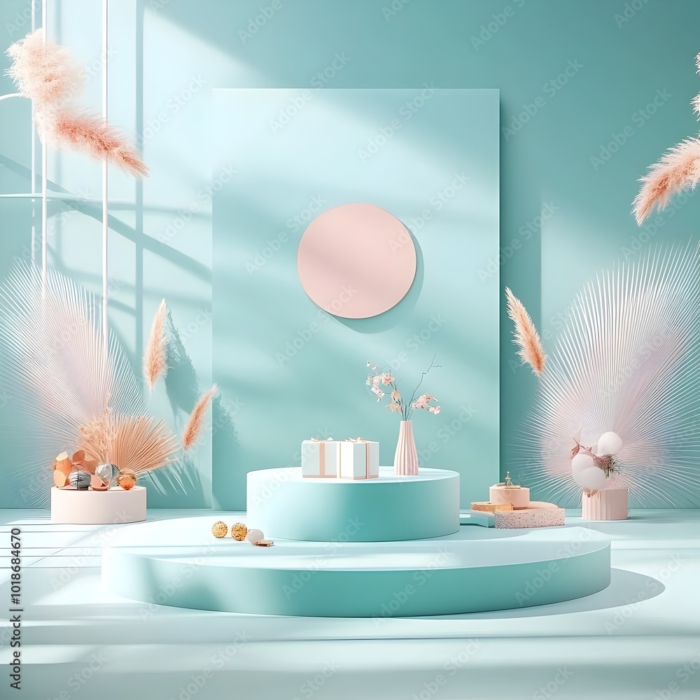 Poster minimalist 3d studio setting featuring a clean uncluttered room with a pale blue backdrop and a cent