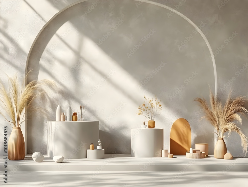 Poster A minimalist 3D studio space featuring a slate gray backdrop a simple floor and wall setup a central product display podium a window cast shadow overlay across the counter