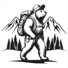 vector design of an explorer Bear hiking in the mountains with a backpack and hat inside a Design, simple line art drawing, white background