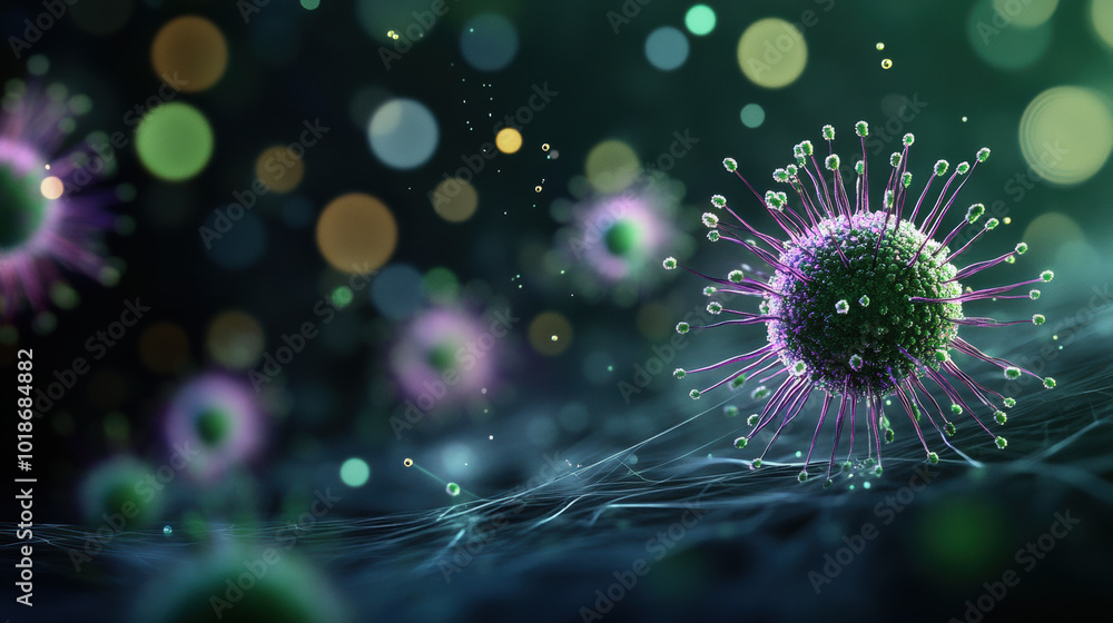 Poster detailed view of vibrant virus particles surrounded by colorful bokeh lights creates captivating and