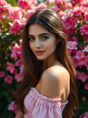 Naklejka premium Beautiful Woman model in Summer Dress Amidst Blooming Garden Flowers. smiling on a background of a pink flowers. Generative AI.