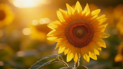 A single sunflower in a field of sunflowers with the setting sun in the background.