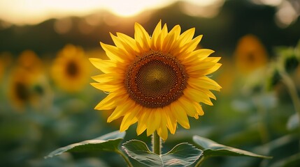 Obraz premium A single sunflower in a field, backlit by the setting sun.