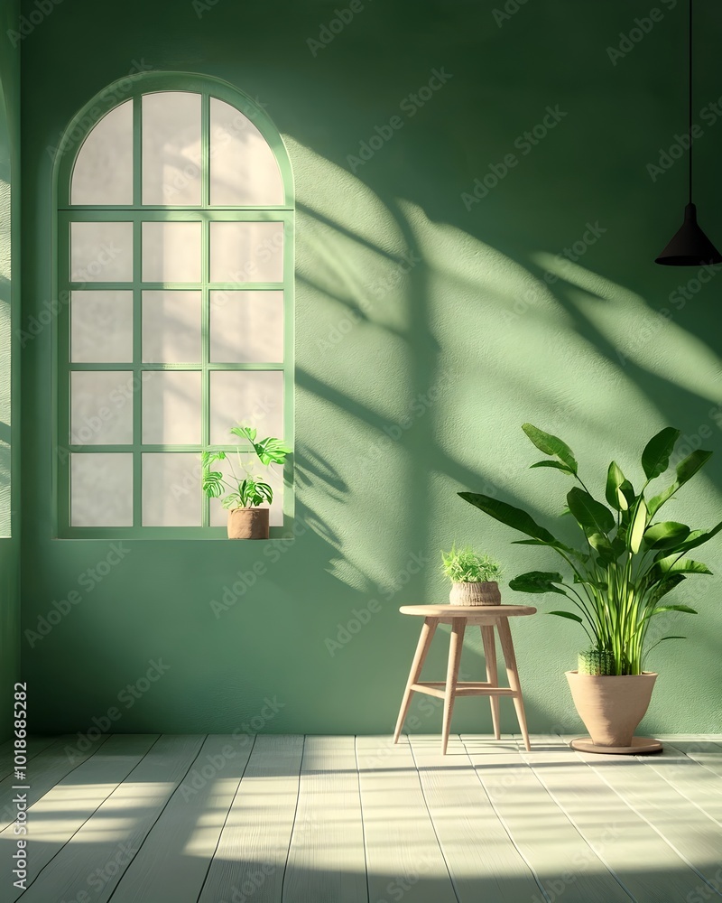 Poster minimalist 3d rendered interior with muted green backdrop barren floor and wall setting and prominen