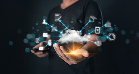 Hand hold icon cloud computing technology.data storage center system sharing management for upload download transfer.secure backup online digital networking and internet connection service concept.