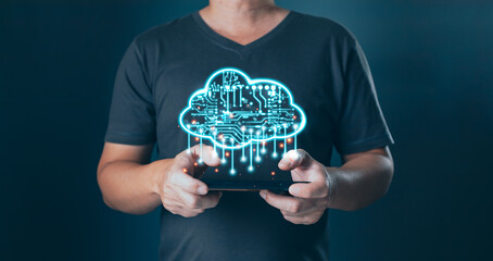 Hand hold icon cloud computing technology.secure backup online digital networking and internet...