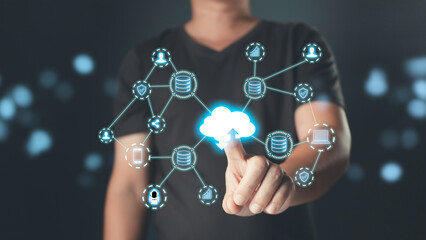 Hand touch icon cloud computing technology.data storage center system sharing management for upload...