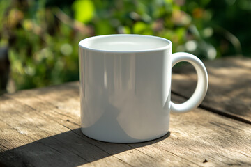 An empty blank plain white mug placed in a casual setting for design mockup