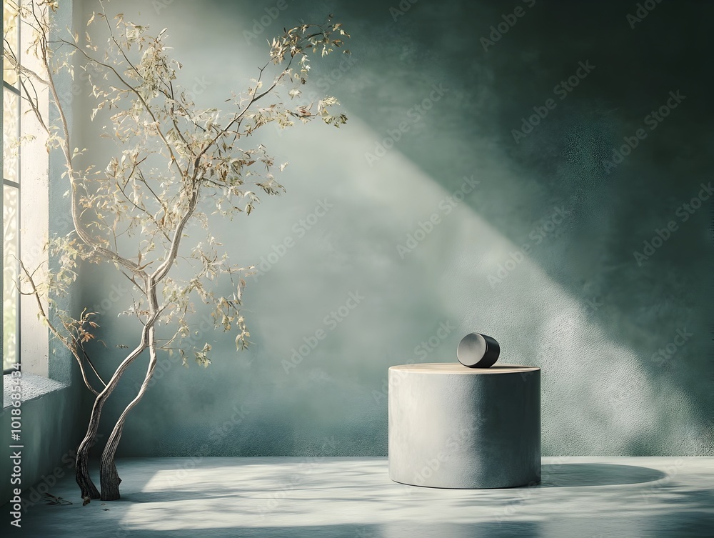 Poster minimalist studio scene featuring a simple podium display with a deep forest green backdrop and soft