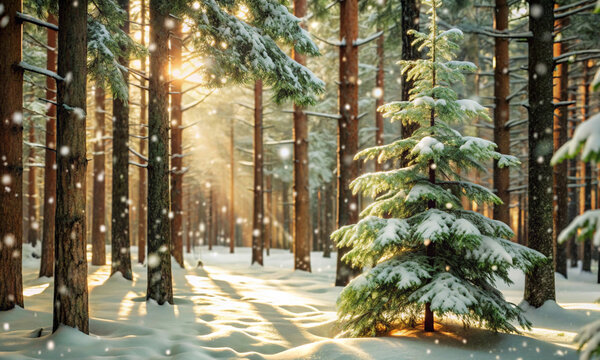 Snowfall in a snowy pine winter forest