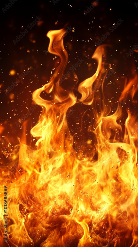 Poster vibrant flames with glowing embers create an intense and dynamic fire display.