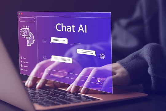 Chat Bot Chat with AI or Artificial Intelligence technology for the answers he wants ChatGPT Woman Engaging in Chat AI Conversation on Laptop