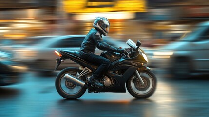 Motorcycle riding through a busy urban street at night