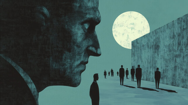 Dictatorship, socialism illustration with red background, people protest, humanitarian, regime, oppression