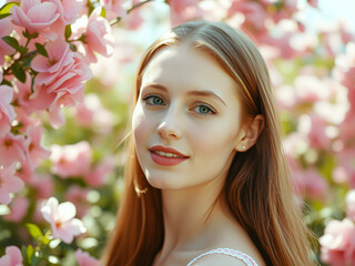 Beautiful Woman model in Summer Dress Amidst Blooming Garden Flowers. smiling on a background of a pink  flowers. Generative AI.