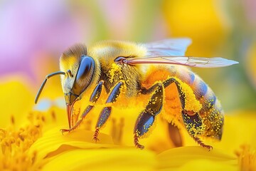 Naklejka premium macro shot of a honeybee in flight wings in motion pollencovered legs intricate details of compound eyes and fuzzy body against a soft focus floral background