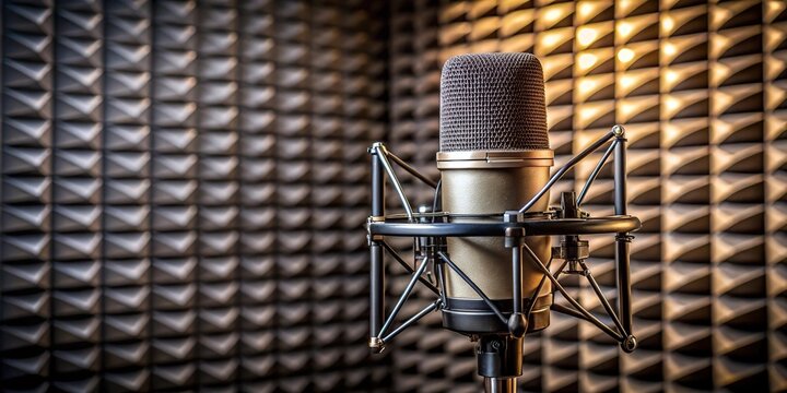 Black metal condenser microphone in recording studio with acoustic paralon pyramid background