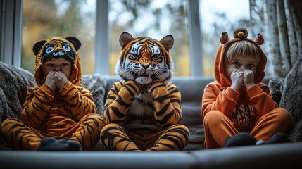 Little kids dressed for halloween party sitting on a couch, making tiger grimace