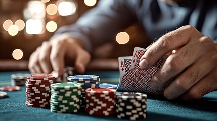 Intense poker game at casino, focus on hands and chips, evening gambling scene
