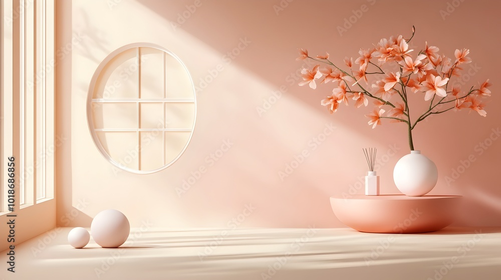 Poster Minimalist 3D studio room with a pale pink background an empty floor and wall a product podium a shadow overlay from the window to the countertop and a soft natural sunlight mockup
