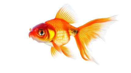 Fototapeta premium A vibrant goldfish with orange and white scales swims against a white background.