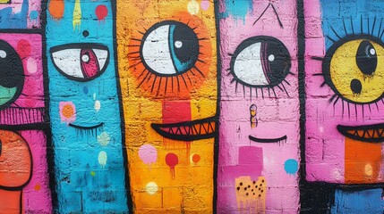 Colorful Street Art Graffiti Eyes on Brick Wall