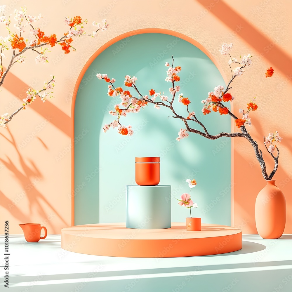 Poster an airy 3d studio setting with a gentle peach color scheme a bare floor and wall framing a solitary 