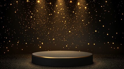 Black round podium product stage on black background of golden glitter and a spotlight