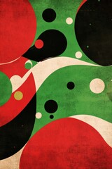 Abstract colorful design featuring red, green, and black circles and curves.