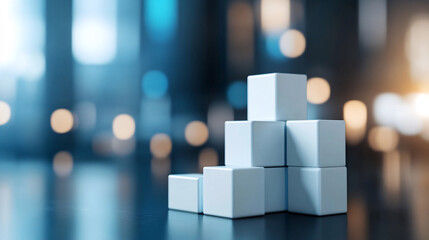 A clean arrangement of white cubes stacked in a modern, minimalist style against a softly blurred background, representing structure and balance.