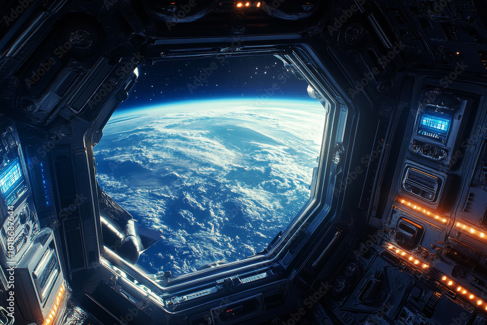 Wall mural view of earth planet from space station window with clouds and atmosphere against the backdrop of sp