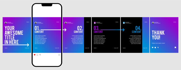 Microblog carousel slides template for social media post. Six page, purple, blue gradient and arrows theme.
