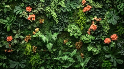 Lush Green Wall with Orange Flowers