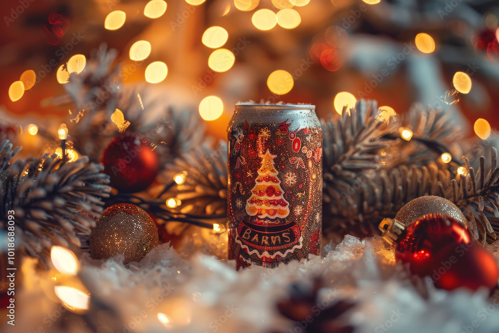 Poster a can of beer with a tree on it is sitting on a table with christmas decorations