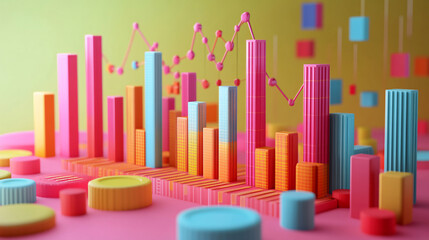 Obraz premium A playful, colorful 3D financial growth chart with pink and yellow tones, symbolizing economic trends and analytics in a fun, abstract style.
