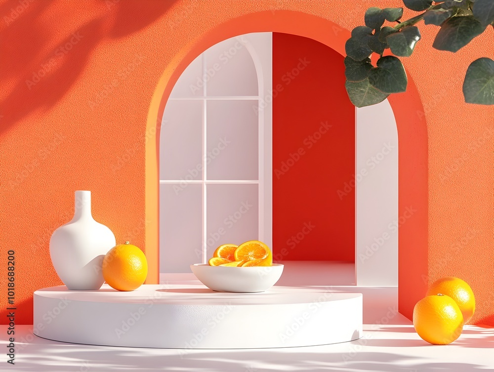 Aufkleber tangerine colored product display podium in minimalist 3d studio space with window lighting casting 