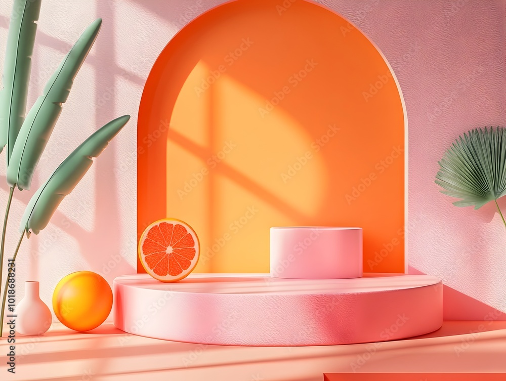 Poster tangerine colored minimalist 3d studio podium with window lighting casting shadows across countertop