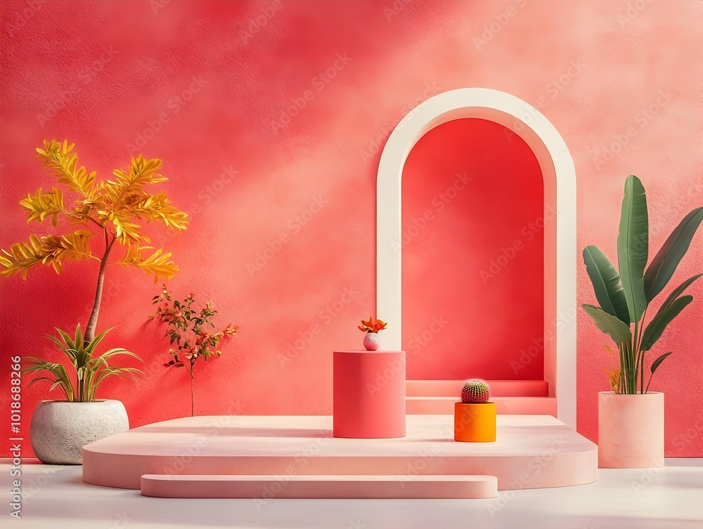 Poster 3d rendering of a minimalist product display room featuring a crimson red backdrop monochrome podium