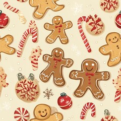 Naklejka premium Colorful festive pattern with gingerbread cookies, candy canes, and holiday ornaments.
