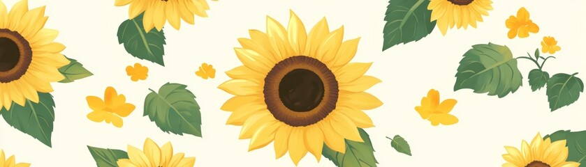 Beautiful Watercolor Sunflowers with Green Leaves and Yellow Flowers