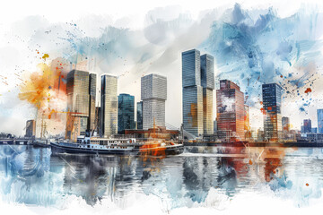 Obraz premium A city skyline with a boat in the water