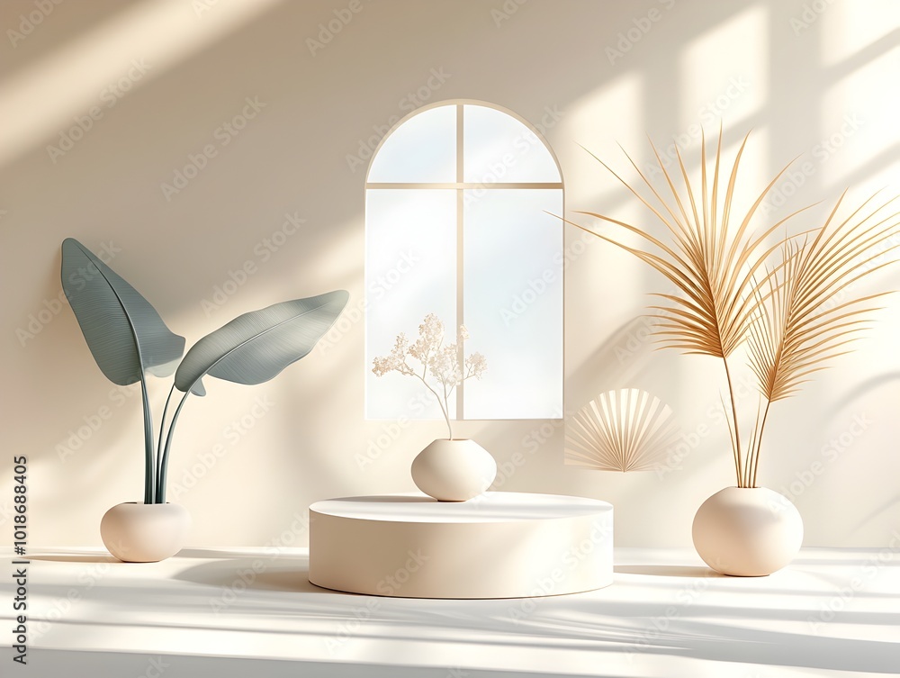 Poster elegant and minimalist product display studio with dramatic window lighting casting shadows on the p