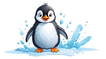 Fototapeta premium Adorable Cartoon Baby Penguin Sliding Joyfully on Ice with Delightful Expression